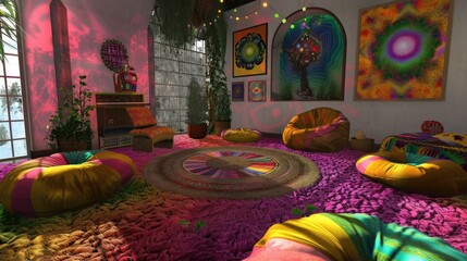 Retro 70S Living Room With Shag Carpets, Bean Bags, And Psychedelic Wall Art, Room Background Photos