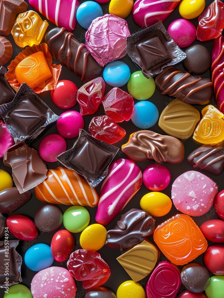 Poster colorful assortment of chocolate candies piled on a table with vibrant, shiny wrappers. generative a