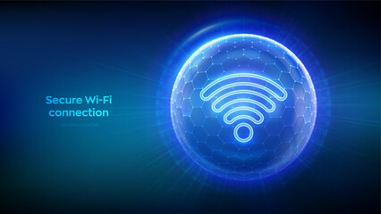 Wi-Fi network icon inside transparent protection sphere shield with hexagon pattern on blue background. Secure Wi Fi wireless network connection. Cyber Security. Wifi Encryption. Vector illustration.