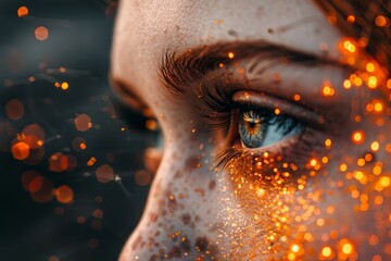 Intimate portrait of a woman's eye with golden sparkles capturing the essence of autumn warmth