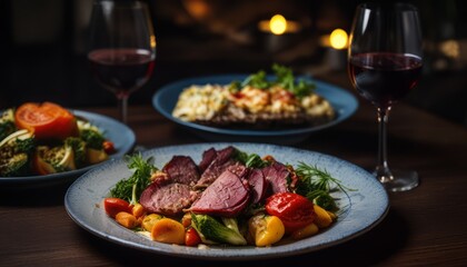A table with a variety of food and drinks, including wine and vegetables