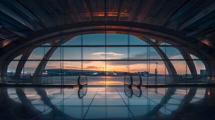 Aerial view of a busy airport terminal with planes parked at gates, resembling a kaleidoscope pattern, showcasing modern aviation infrastructure.