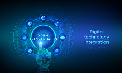 Digital transformation. Digitization of business processes modern technology concept on virtual screen. Disruption, innovation solutions. Wireframe hand touching digital interface. Vector illustration