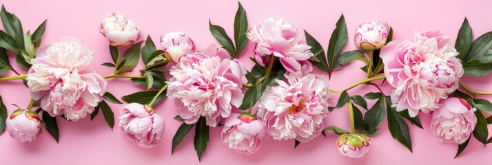 Frame made of beautiful peony flowers on pink background. Flat lay, copy space, summer flowers