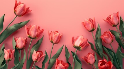 Render a digital composition of top-down tulips on a neutral backdrop, optimized for text integration on the side - Powered by Adobe