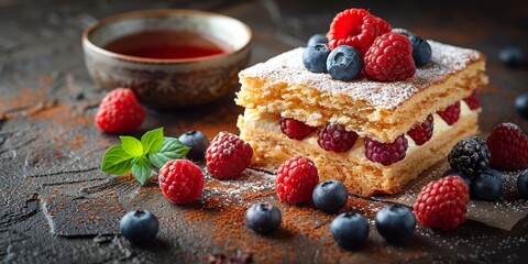 Delicious freshly baked layered pastry dessert adorned with raspberries, blueberries, and...