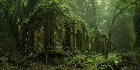 Ancient moss-covered ruins surrounded by dense forest vegetation, capturing a mysterious and overgrown jungle ambiance in vivid detail.