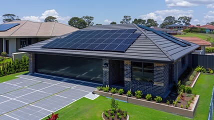 A house with solar panels on the roof. The house is surrounded by a lush green lawn. The house is a two-story brick home with a garage