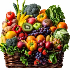 a basket of fruit and vegetables on a white background