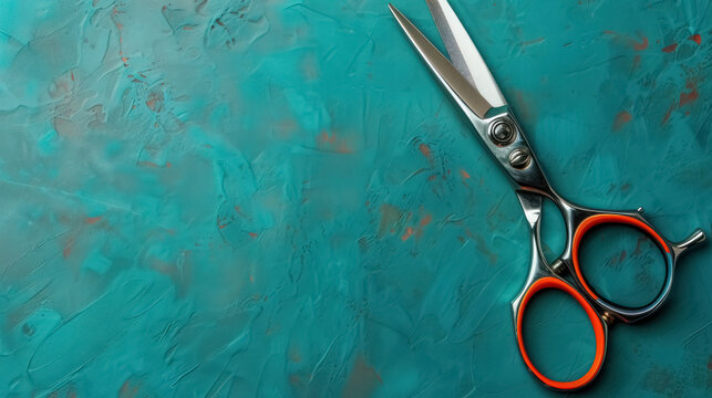 professional barber scissors on a teal textured background with copy space