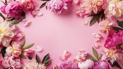 Fototapeta na wymiar Frame made of beautiful peony flowers on pink background. Flat lay, copy space, summer flowers