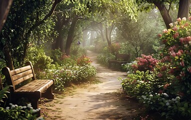 Peaceful garden path with wooden bench, surrounded by lush greenery, flowers, and dappled sunlight. Perfect representation of tranquility and nature.