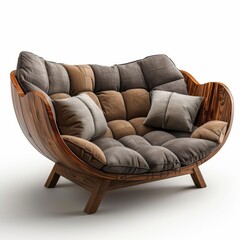 a modern wooden couch with pillows on it