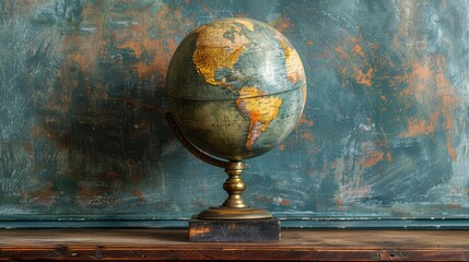 a globe sitting on a wooden table against a blue wall