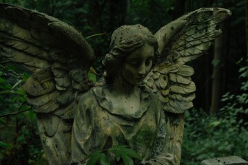 Close-up of stone angel statue with aging details
