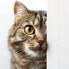 a cat peeking out from behind a white wall