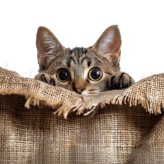 a cat peeking over a burlock sack