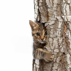 a kitten peeking out from behind a tree trunk