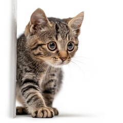 a small kitten looking at the camera from behind a wall