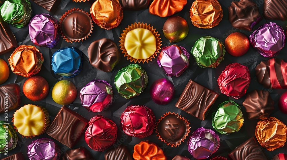 Aufkleber Colorful assorted chocolates spread out on a table with shiny wrappers. Generative AI