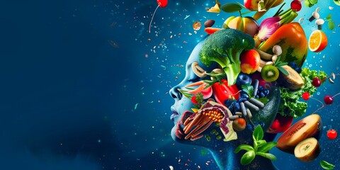 Naklejka premium Human profile made of fresh fruits and vegetables, set against a blue background, symbolizing healthy eating and nutrition with ample copyspace.