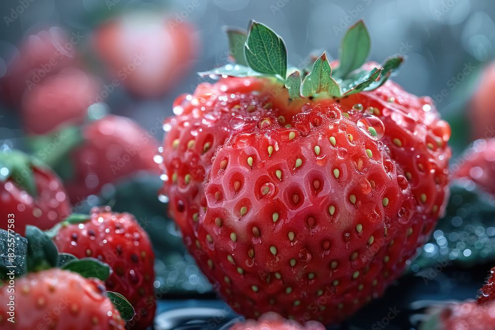 Wall mural close up of juicy strawberry with water droplets on dark background - Wall murals