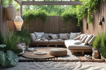 Scandinavian-inspired outdoor lounge area with cozy textiles and Nordic decor