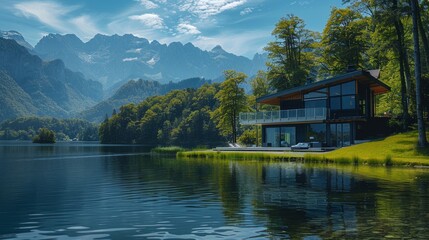 a house sitting on the edge of a lake with mountains in the background - Powered by Adobe