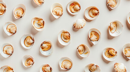 top view of fried clam shells arranged in a pattern on neutral background