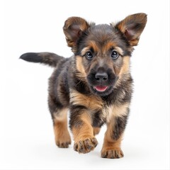 a puppy running towards the camera on a white background