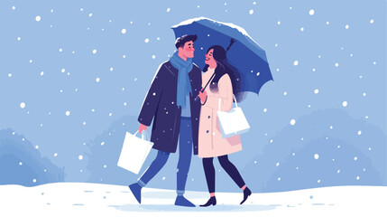 illustration of young loving couple walking under s