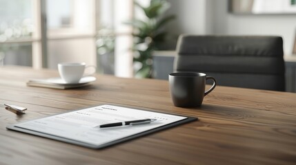 a desk with a cup of coffee and a pen on it