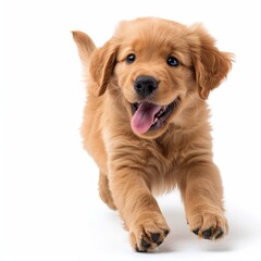 a puppy running and smiling on a white background