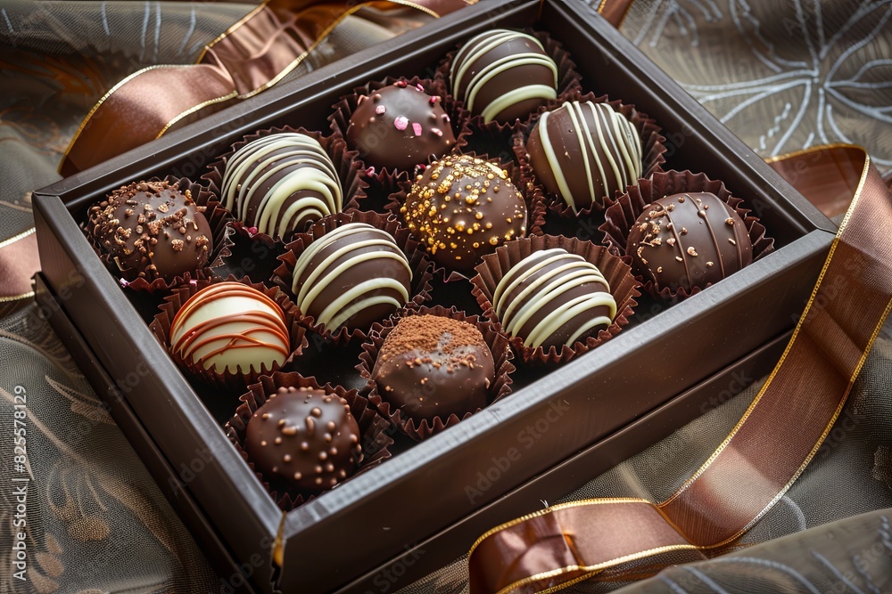 Poster luxurious box of dark chocolate truffles adorned with a ribbon. generative ai