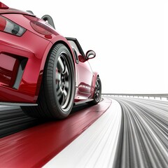 a red sports car driving on a track with a white background