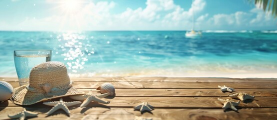 Beach background with shell accessories, starfish and straw hats on wooden floor.