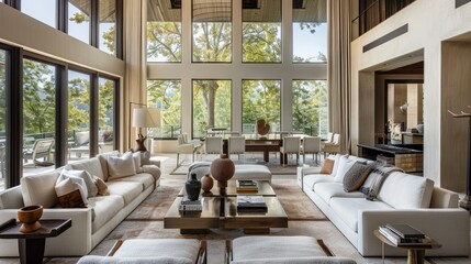 A beautiful, modern living room with floor-to-ceiling windows, chic furniture, and elegant decor