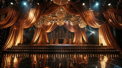 A breathtaking stage adorned with elegant drapery and sparkling lights, ready for a spectacular performance