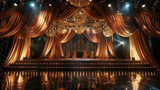 A breathtaking stage adorned with elegant drapery and sparkling lights, ready for a spectacular performance