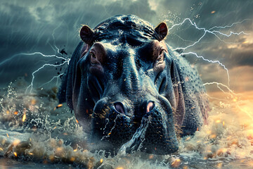 A close up of a hippo's face with a storm in the background - Powered by Adobe