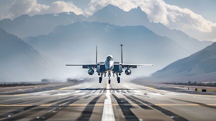 Front view of a military jet fighter on the runway, ready for takeoff.