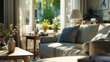 Fototapeta premium Living Room With A Cozy, Scandinavian Hygge Theme, Room Background Photos