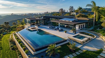 Fototapeta premium A stunning, contemporary home with an infinity pool, large patio, and panoramic views