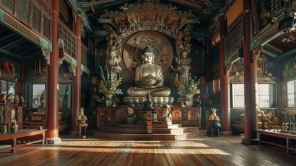 Fototapeta premium A wide-angle shot of an ubosot's interior, highlighting the central Buddha statue and detailed artwork