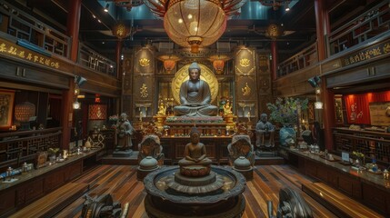 Fototapeta premium A wide-angle shot of an ubosot's interior, highlighting the central Buddha statue and detailed artwork