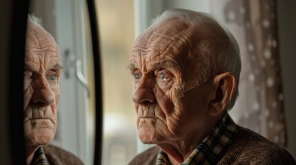 An image capturing the reflection of a pensive elderly man in a mirror, with the mirror's reflection showing missing pieces, representing the gaps in his memory and self-awareness.