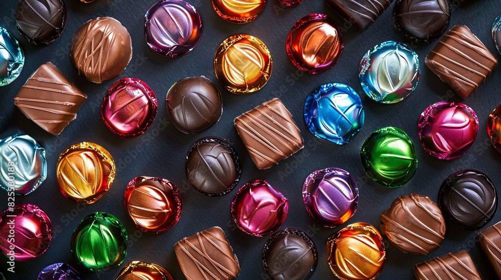 Aufkleber Various types of colorful chocolates in shiny wrappers spread out on a table. Generative AI