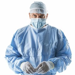 a man in a blue surgical gown and mask holding a pair of gloves, transparent background png