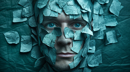A mans face is completely covered in vibrant paper pieces, blending seamlessly with his features and concealing his identity