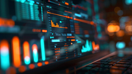 A close-up view of a computer screen displaying financial data with graphs and analytics in a dark room, symbolizing modern digital trading or monitoring. - Powered by Adobe